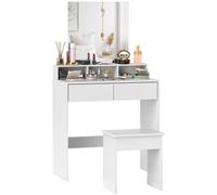 Tavolo da Trucco con Specchio, 3 Ripiani, 2 Cassetti e Sgabello, in Legno, 75x38x135 cm, Bianco
