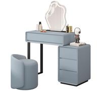 Tavolo da trucco con specchio a LED, con contenitore, in legno massello, 4 cassetti e sgabello imbottito, per camera da letto e studio (grigio 02, 60 cm)