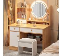 Tavolo da Trucco con Specchio e luci, postazione Trucco con cassetti e Ripiani Aperti, Tavolo da toeletta Color Legno per Camera da Letto, Elegante scrivania per Il Trucco