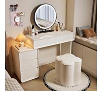 Tavolo da trucco con specchio e sgabello con luce a LED e soffio rotondo per cipria, elegante tavolo da toeletta per gli appassionati di bellezza