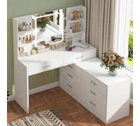 Tavolo da trucco con specchio illuminato a LED e presa di corrente, 8 cassetti, 6 ripiani portaoggetti, 3 modalità colore e luminosità regolabile, tavolo da toeletta angolare, bianco 2 confezioni: que