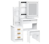 Tavolo da trucco con specchio LED scorrevole, tavolo da trucco con 4 cassetti, ripiani aperti, portaoggetti nascosto, luce regolabile 3 colori per camera da letto moderna, bianco