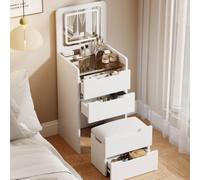 Tavolo da trucco con specchio ribaltabile, sgabello nascosto, cassetti, piano in vetro e luci tricolore, elegante arredamento per camera da letto per rifacimenti glamour