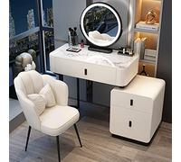 Tavolo da trucco con specchio touch screen dimmerabile, comodino mobile e sgabello imbottito, elegante mobile cosmetico per la casa e la camera da letto
