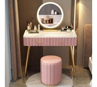 Tavolo da trucco girevole a 360° con cassetti e scomparti regolabili con luce a LED, include sgabello di colore rosa, perfetto per camera da letto, 80 cm, elegante set da toeletta