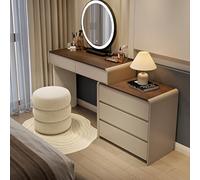 Tavolo da trucco illuminato a LED con specchio, scrivania in legno con cassetti e sgabello imbottito, perfetto per la camera da letto di ragazze e donne, elegante e funzionale.
