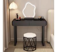 Tavolo da trucco illuminato con specchio, piccola scrivania in vetro temperato nero, elegante mobile per camera da letto e studio, include sgabello a nido (100 x 40 x 78 cm)