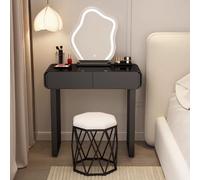 Tavolo da trucco illuminato con vetro temperato nero, compatto, 70 x 40 x 78 cm, include specchio e sgabello a nido, mobili eleganti per camera da letto e studio