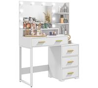 Tavolo da Trucco in Legno 100x40x138 cm con 4 Cassetti 6 Ripiani Aperti e Specchio Bianco