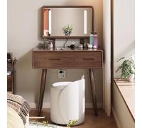 Tavolo da trucco in legno con luci a LED marrone con piccoli cassetti e sgabello, ideale per camera da letto, elegante set da toeletta per donne