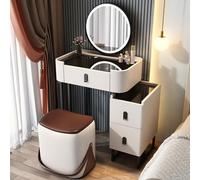 Tavolo da trucco moderno con specchio e luci, sgabello imbottito, armadietto laterale, 3 colori di illuminazione, decorazione per camera da letto, regalo per lei elegante arredamento per la casa