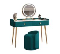 Tavolo da trucco moderno con specchio girevole a 360°, 3 modalità di illuminazione, 2 cassetti e sgabello imbottito, elegante tavolo da toeletta verde per camera da letto, 100 x 40 x 80 cm