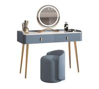Tavolo da trucco moderno con specchio girevole a 360°, 3 modalità di illuminazione, 2 cassetti, elegante sgabello imbottito blu ideale per camera da letto e spogliatoio, 100 x 40 x 80 cm
