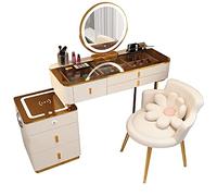 Tavolo da trucco moderno con specchio, ricarica wireless, altoparlante Bluetooth, sgabello imbottito, 120 cm, elegante tavolo da toeletta per donne e comodino