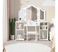Tavolo da trucco per bambini, scrivania e sedia da trucco con specchio pieghevole staccabile con luce Withtouch, ripiani aperti, tavolo da toeletta in legno per ragazze, set di vanità per giochi di