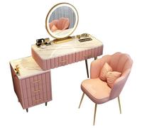 Tavolo da trucco rosa moderno con specchio illuminato a LED, 3 modalità di trucco, cassetti e armadietto laterale, 80 cm, set da toeletta