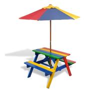 Tavolo e Panchine per Bambini con Parasole Legno Multicolore - Set Picnic 2 in 1 con Ombrellone Colorato, Tavolo Robusto e Panche Comode per Esterno, Giardino o Spiaggia, Capacità 60 kg