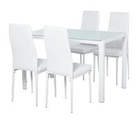 HOMCOM Set 5 Pezzi con 1 Tavolo e 4 Sedie per Cucina o Sala da Pranzo in Finta Pelle, Metallo e Vetro Temperato, Bianco