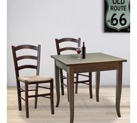 TAVOLO IN LEGNO ALLUNGABILE A LIBRO TINTA NOCE SCURO 70X70 CON DUE SEDIE