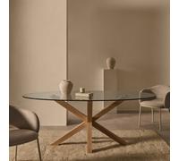 Tavolo ovale Argo di vetro e gambe in acciaio effetto legno