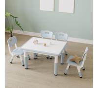 Tavolo per bambini con 4 sedie regolabile in altezza, piano graficabile cancellabile + piedini antiscivolo per 2-10 anni, per casa/asilo nido, scuola/blu/grigio