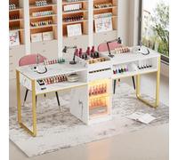 Tavolo per Manicure in Legno, Tavolo Manicure con Cassetti, Armadietti Visualizzati con Luci LED Regolabili, Marmo-bianco-oro Tavolo Unghie Moderno per Salone di Bellezza (194x45x81cm)
