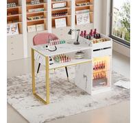 Tavolo per Manicure in Legno, Tavolo Manicure con Cassetti, Armadietti Visualizzati con Luci LED Regolabili, Marmo-bianco-oro Tavolo Unghie Moderno per Salone di Bellezza (117x45x81cm)
