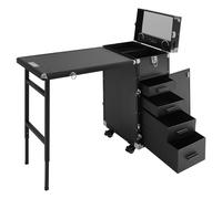 Tavolo per manicure mobile con Bluetooth e specchio, 4 cassetti, per manicure e manicure con ruote a 360° e freni, organizer per cosmetici, capacità di carico 50 kg, Nero , Moderno