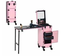 Tavolo per manicure pieghevole con custodia per il trucco, tavolo per manicure su ruote con specchio a LED, custodia per smalti, tavolo per unghie portatile da viaggio con ruote (rosa)