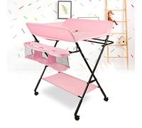 Tavolo per pannolini pieghevole e portatile, tavoli a strati mobili con borsa per riporre oggetti, cintura di sicurezza e portaoggetti sotto jacent, cura per neonati con ruote (80 x 66 x 98 cm/rosa)