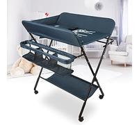 Tavolo per pannolini pieghevole e portatile, tavoli a strati mobili con borsa per riporre oggetti, cintura di sicurezza e portaoggetti sotto jacent, cura per neonati con ruote (80 x 66 x 98 cm/blu