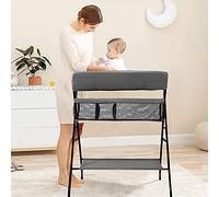 Tavolo per pannolini pieghevole e portatile, tavoli a strati mobili con borsa portaoggetti, cintura di sicurezza e portaoggetti sotto jacent, cura per neonati con ruote (79 x 55,5 x 96 cm, grigio