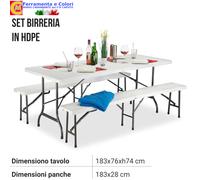 Set Birreria Pieghevole Esterno Tavolo e 2 Panche in HDPE e Acciaio cm183x76x74h