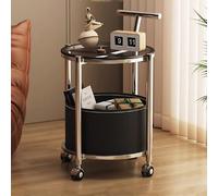 Tavolo pieghevole multifunzionale, Carrello mobile a 2 ripiani con maniglia, bancone bar rotondo for liquori, portabottiglie in metallo e ruote, cucina, soggiorno, esposizione e stoccaggio(Black,Glass