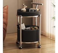 Tavolo pieghevole multifunzionale, Carrello mobile a 2 ripiani con maniglia, bancone bar rotondo for liquori, portabottiglie in metallo e ruote, cucina, soggiorno, esposizione e stoccaggio(Black,Leath