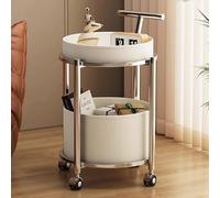 Tavolo pieghevole multifunzionale, Carrello mobile a 2 ripiani con maniglia, bancone bar rotondo for liquori, portabottiglie in metallo e ruote, cucina, soggiorno, esposizione e stoccaggio(White,Leath