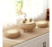 Tavolo pieghevole multifunzionale, Tavolino da caffè rotondo in rattan giapponese, tavolino laterale in vimini intrecciato a mano con due cuscini futon, piattaforma tatami bassa portatile for soggiorn