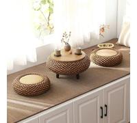 Tavolo pieghevole multifunzionale, Tavolino da caffè rotondo in rattan giapponese, tavolino laterale in vimini intrecciato a mano con due cuscini futon, piattaforma tatami bassa portatile for soggiorn