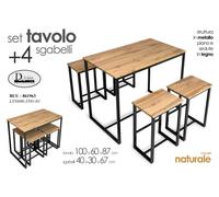 TAVOLO RETTTANGOLARE + 4 SEDIE METALLO SALVASPAZIO PIANO LEGNO PRANZO MARRONE