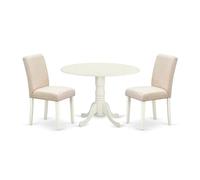 Tavolo rotondo per sala da pranzo, 3 pezzi, 106,7 cm, con due foglie pendenti da 22,9 cm e 2 sedie Parson con gambe bianche in lino e tessuto di lino, beige chiaro