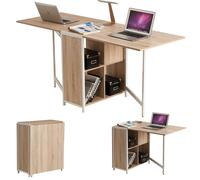 BAKAJI Tavolo Multiuso Scrivania Pieghevole Richiudibile Allungabile con Libreria 4 Scomparti e Ripiani a Scomparsa in Legno e Acciaio (Beige/Bianco)