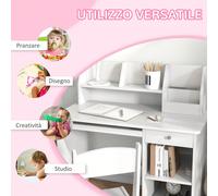 Tavolo Scrivania per Bambini con Sedia, Banco Scuola per Bambini da 5 a 8 Anni in Legno con Scaffale e Seggiola, Bianco Description:Migliora la cameretta dei bambini con il set banchetto scuola con se