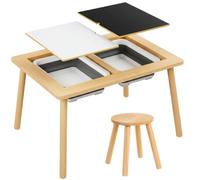 Tavolo travasi montessoriani con sgabello in legno, tavolo sensoriale per bimbi da 3 anni, 2 vaschette rimovibili e piano reversibile per giochi con sabbia, acqua, disegno e costruzioni 51,5×52×72 cm