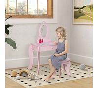 Tavolo Trucco per Bambini con Sgabello in Legno, Toeletta con Specchio e Cassetto, 60x36x88cm, Rosa