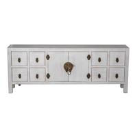Tavolo TV asiatico con 8 cassetti e 2 ante in legno MDF bianco decape 130x24x50cm