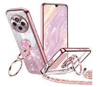 Tawarror Glitter Cover per Xiaomi Redmi 14C con Cordino, Custodia per cellulari zincate Silicone, con Double Anneau Support e Regolabile Tracolla Practical Stylish Flessibile Antiurto - Oro Rosa