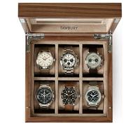 TAWBURY Custodia per orologi in legno, con 6 scomparti, per uomini e donne, con display in vetro, interno protettivo completamente foderato e cuscini larghi 5 cm per orologi piccoli e grandi (noce