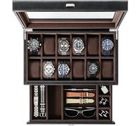 TAWBURY Scatola Porta Orologi con 12 Scomparti e Cassetto - Porta Orologi Uomo in Pelle Vegan | Scatola Porta Orologi Uomo Stile Rustico | Espositore Orologi di Grandi Dimensioni | Nero