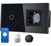 TAWOIA Interruttore della luce intelligente 1 scomparto a 1 via, con presa Wi-Fi, 1 vano, 16A, controllo app, lavoro con Alexa, cornice in vetro, 86 x 157 mm, nero, Wi-Fi solo 2,4 GHz
