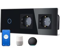 TAWOIA Interruttore della luce intelligente 1 scomparto a 1 via, con presa Wi-Fi, 2 scomparti, 16A, controllo app, lavoro con Alexa, telaio in vetro, 86 x 157 mm, nero, Wi-Fi solo 2,4 GHz
